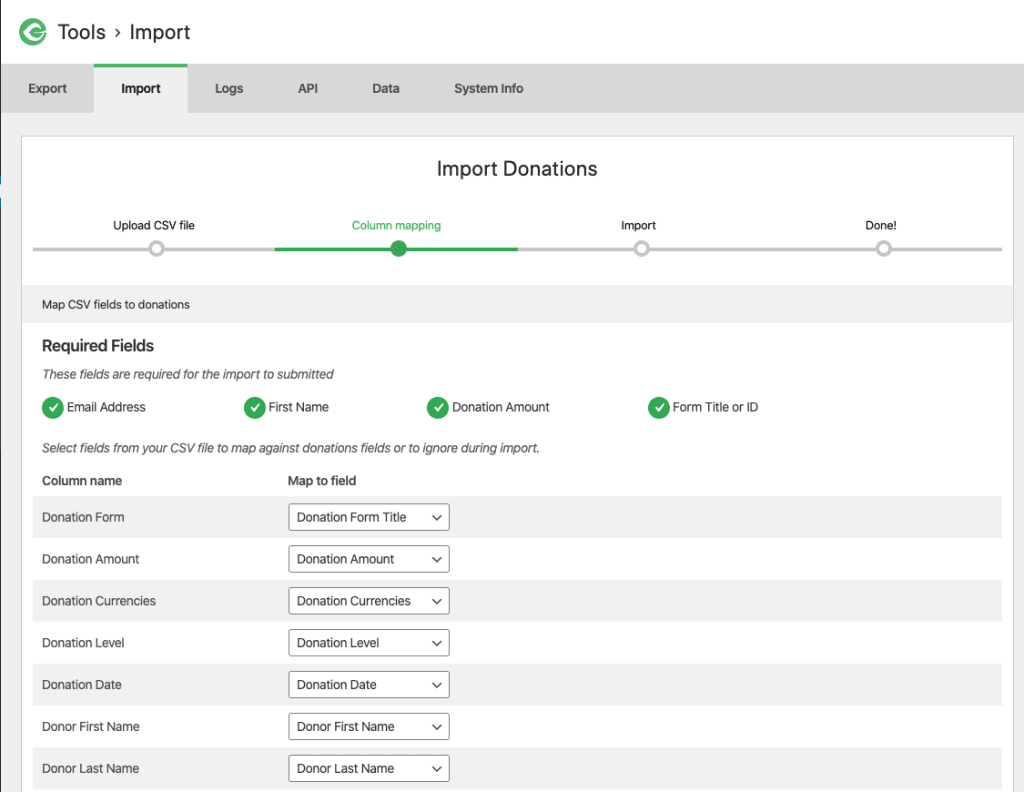 screenshot showing the second screen of the import tool in the GiveWP tools