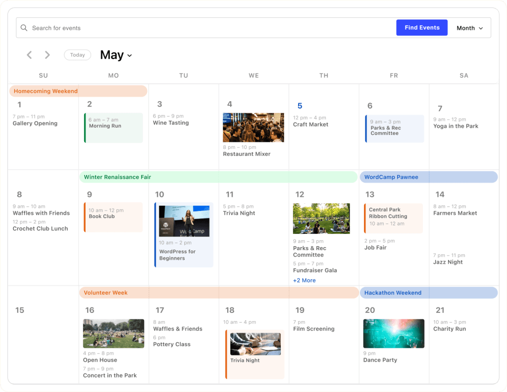 A monthly grid calendar with seven days a week shows events scheduled, like classes, community events, and trivia nights.