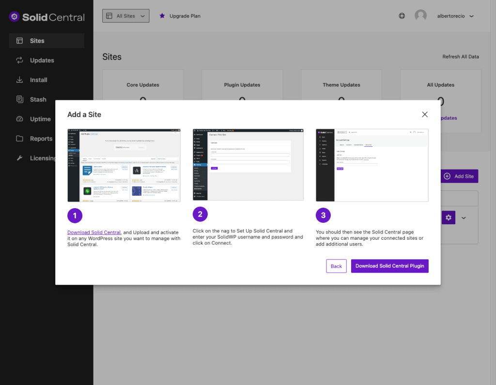 Three steps to connecting a WordPress site to Solid Central with the Solid Central plugin.