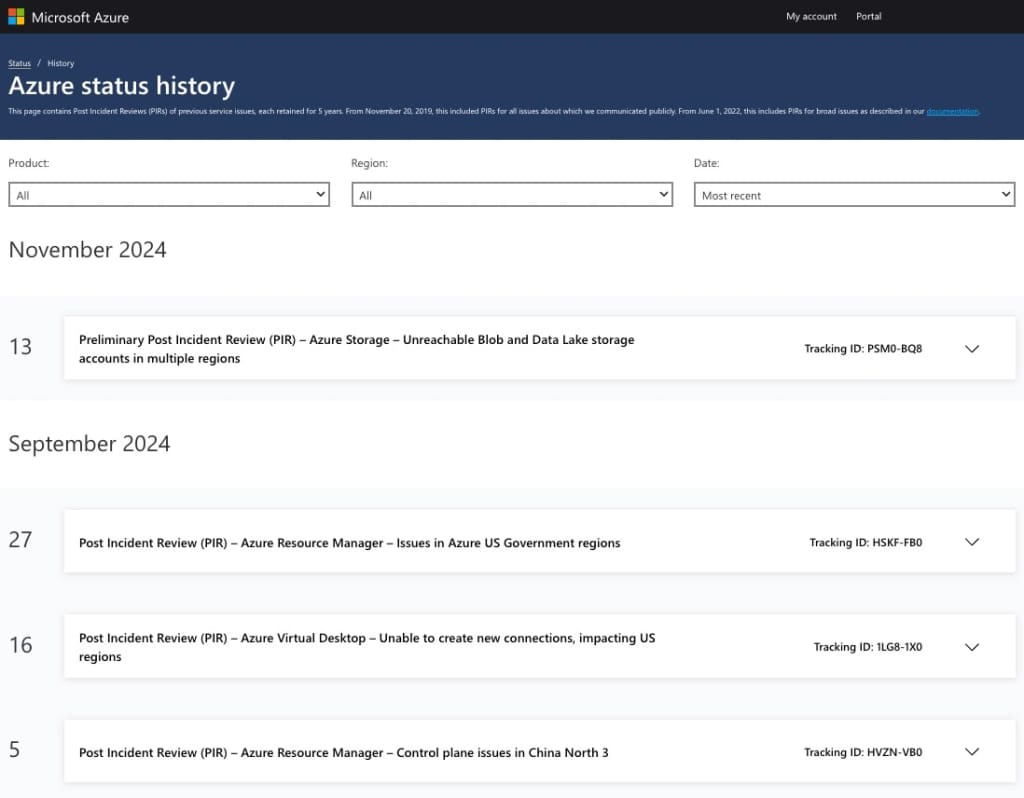 Microsoft Azure status history, showing four incidents in 2024