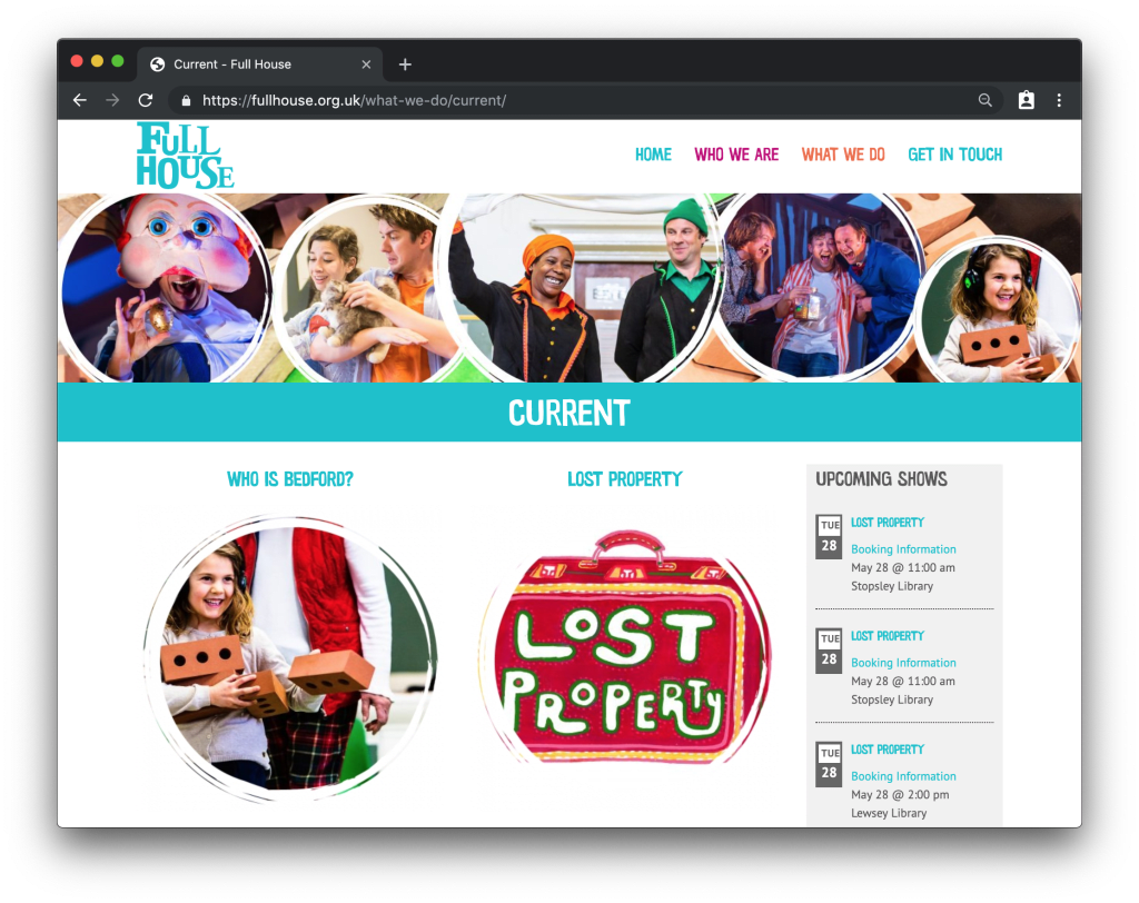 A screenshot of the Full House page that lets visitors choose between past and current events. Those options are side-by-side with a blue heading and circular images below that. There is a third column the lists all upcoming events.
