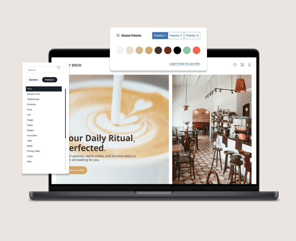An open laptop shows a website being created with Kadence, a premium WordPress theme and plugin suite.
