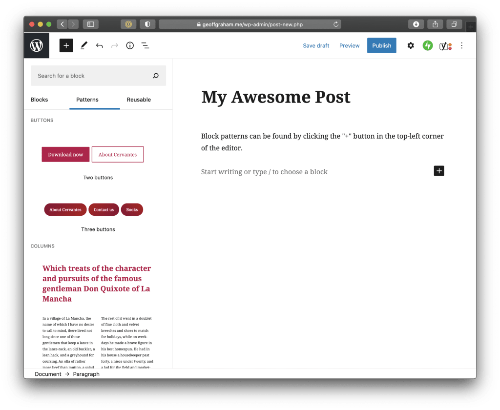 The block menu opened as a sidebar to the left of the content editor with the Patterns tab active. There's a gray search box above the patterns menu. Below the menu are previews of the first couple of patterns, including two buttons, three buttons, and columns.