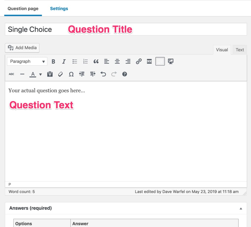 LearnDash question title & text area