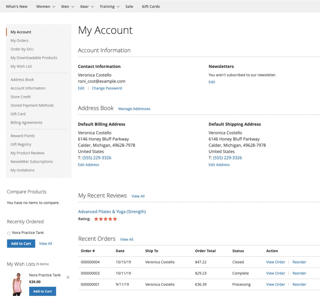 A customer’s account can store their address, recent reviews, and contacts.