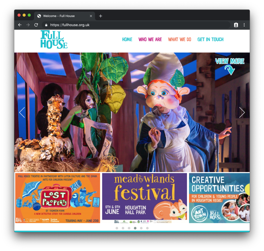 A screenshot of the Full House website that shows a large hero image of a performance and three promotional image thumbnails below it.