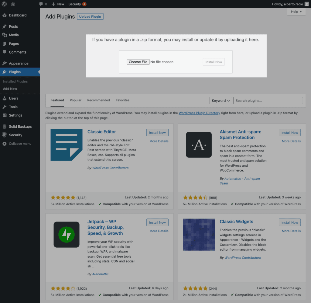 Uploading a plugin to WordPress.
