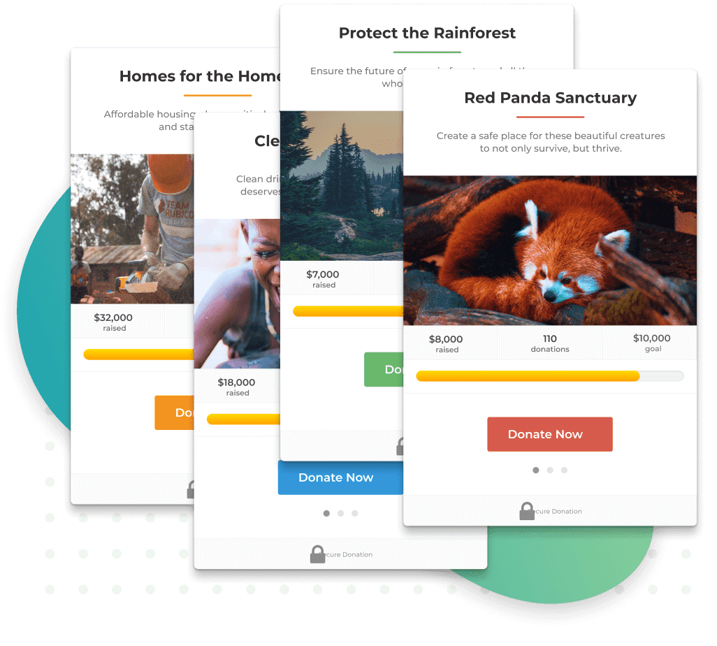 Donation form examples for a variety of causes, including Red Panda Sanctuary, Protect the Rainforest, Clean Water, and Homes for the Homeless.