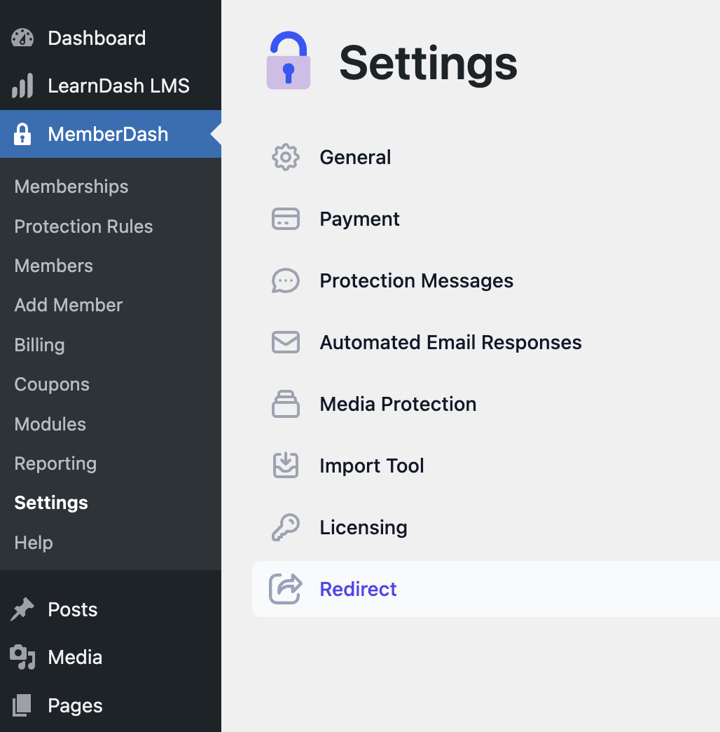 MemberDash settings for Redirect
