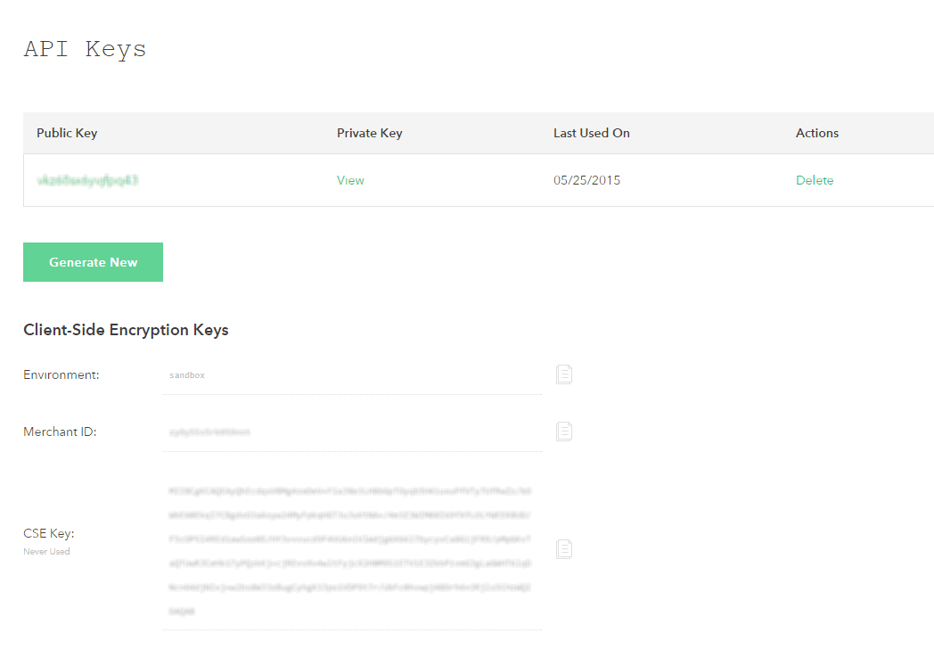 Braintree API Keys