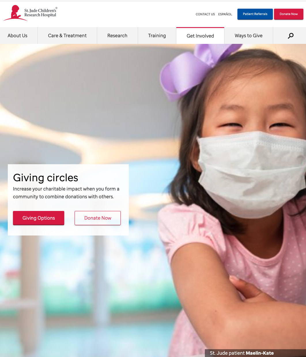 Photo of a St. Jude patient - Maelin Kate - with a box to her left that encourages folks to learn more about giving circles.