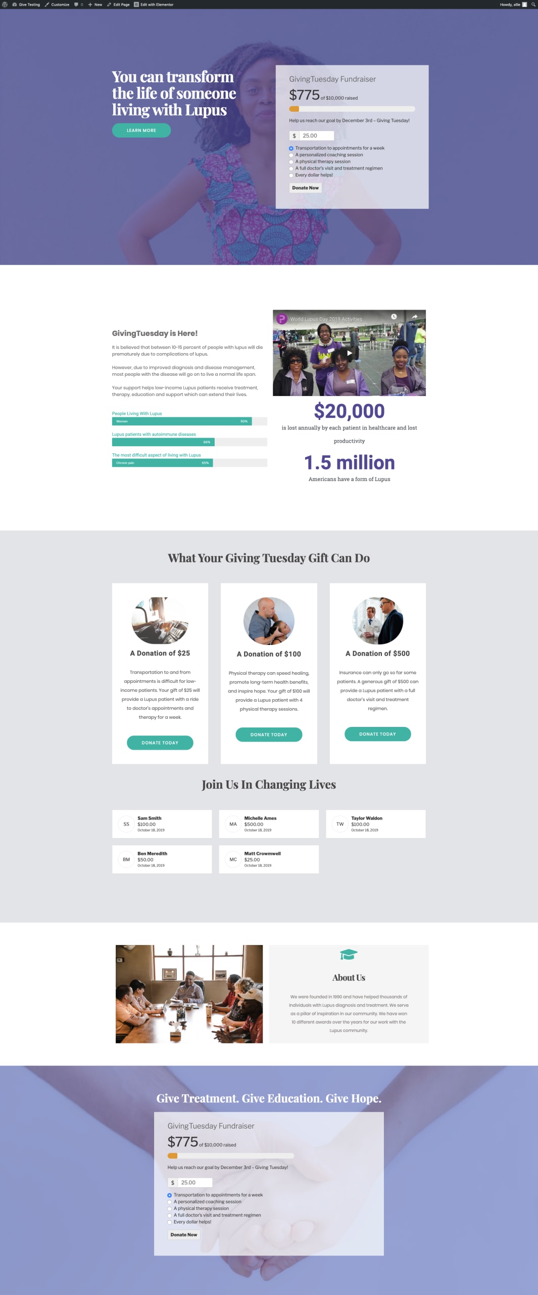 Our final landing page has five sections that include a way to donate at the top and bottom as well as buttons linking to the donation form from the middle of the page. No matter where a donor is on the page, they can find a way to donate.