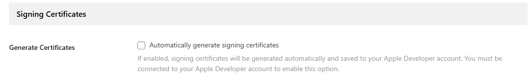 Screenshot of checkbox to automatically generate signing certificates