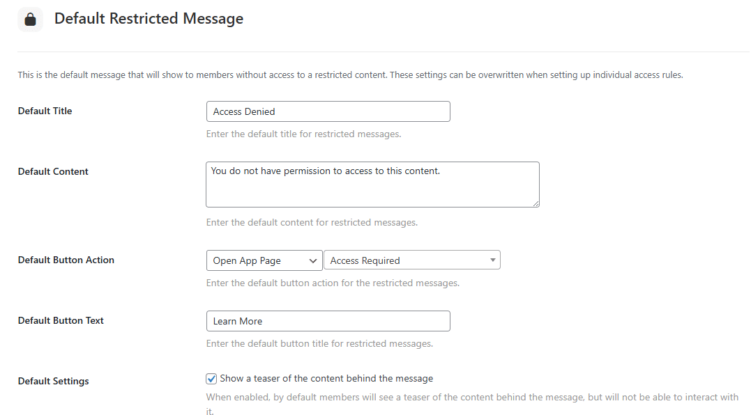 Screenshot of default restricted message settings