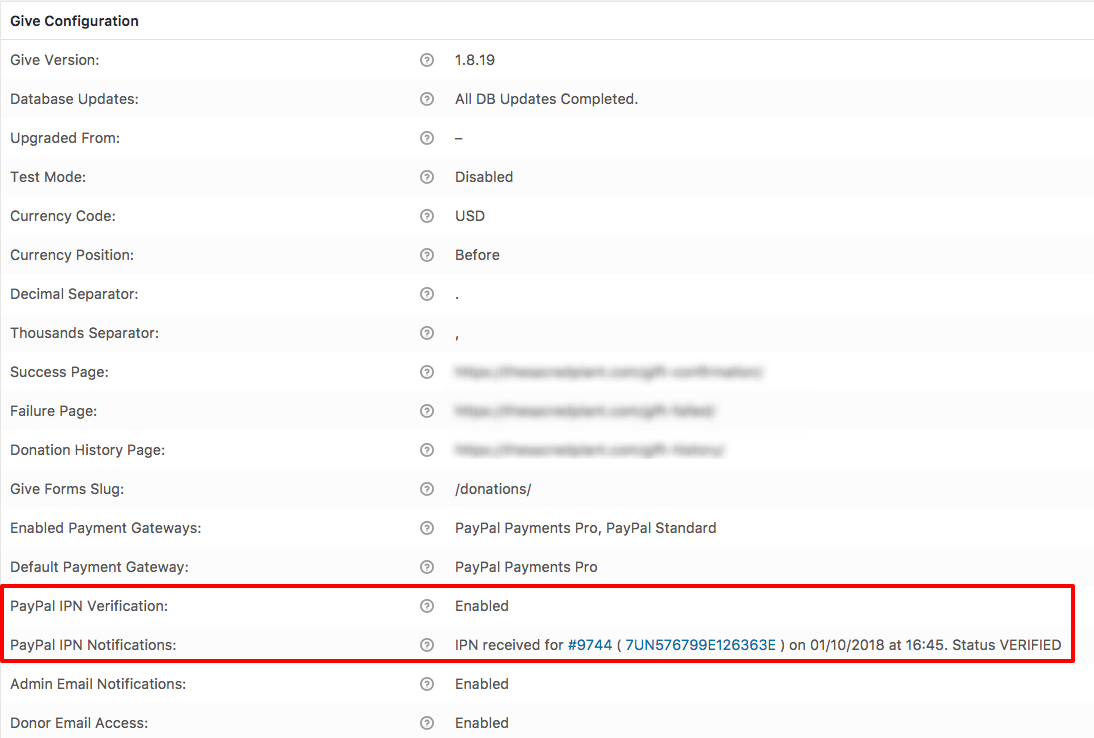 PayPal IPN Verification details in System Info