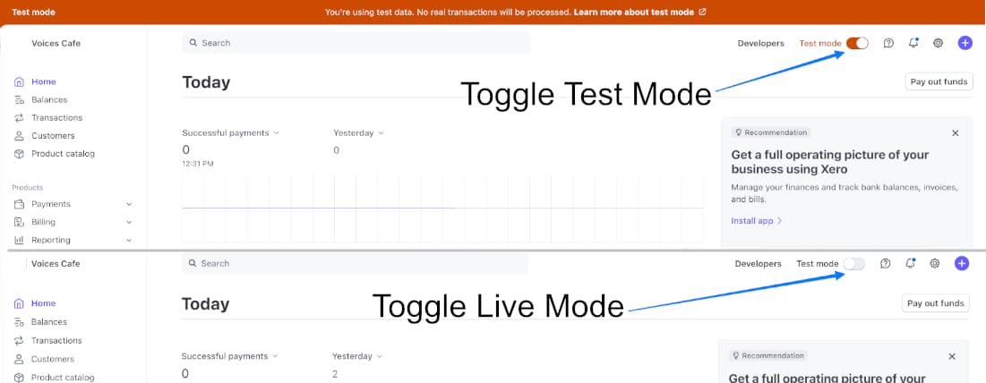 Stripe Settings Live and Test Mode