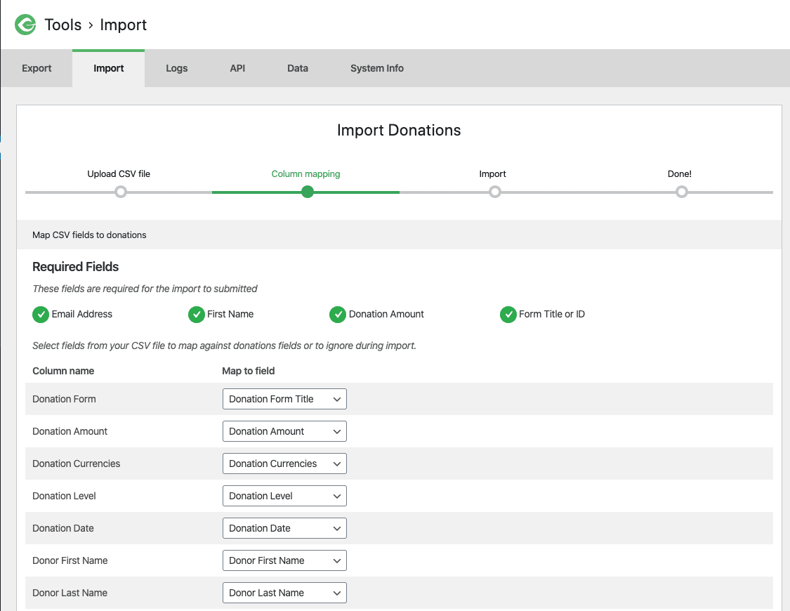 screenshot showing the second screen of the import tool in the GiveWP tools