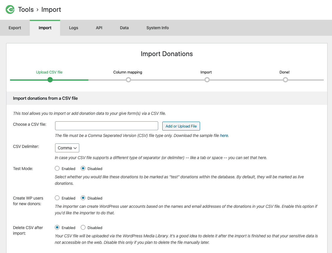 screenshot of the first page of the Donation import tool, with various options for import.