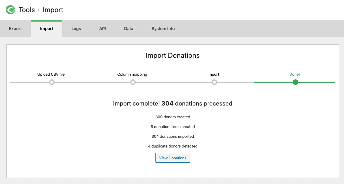screenshot of the success screen detailing the number of donations, donors, forms and duplicate donors
