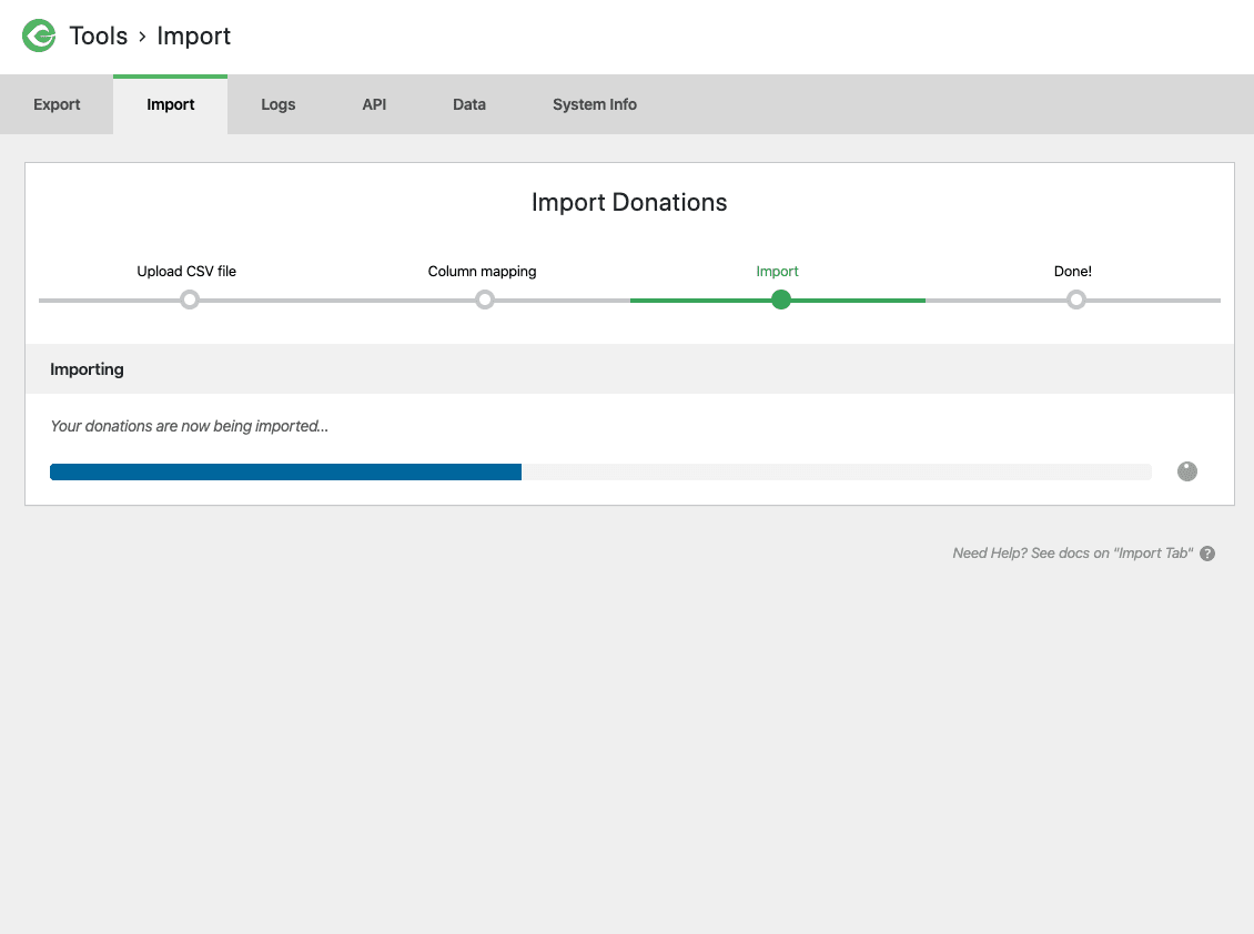 screenshot showing the import progress bar slowly populating