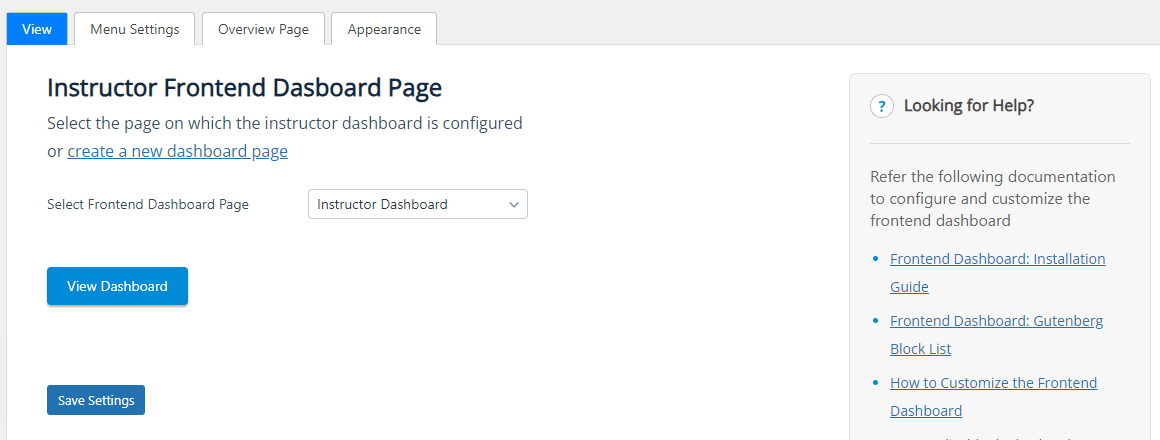 Frontend Dashboard Page Settings