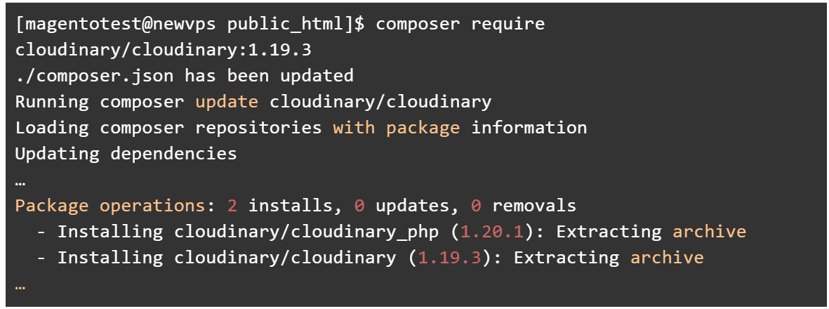 Run the composer require command to add the Cloudinary extension and its version to your composer.json file. As you can see below, we have chosen the 1.19.3 version which is the latest version of Cloudinary currently available.