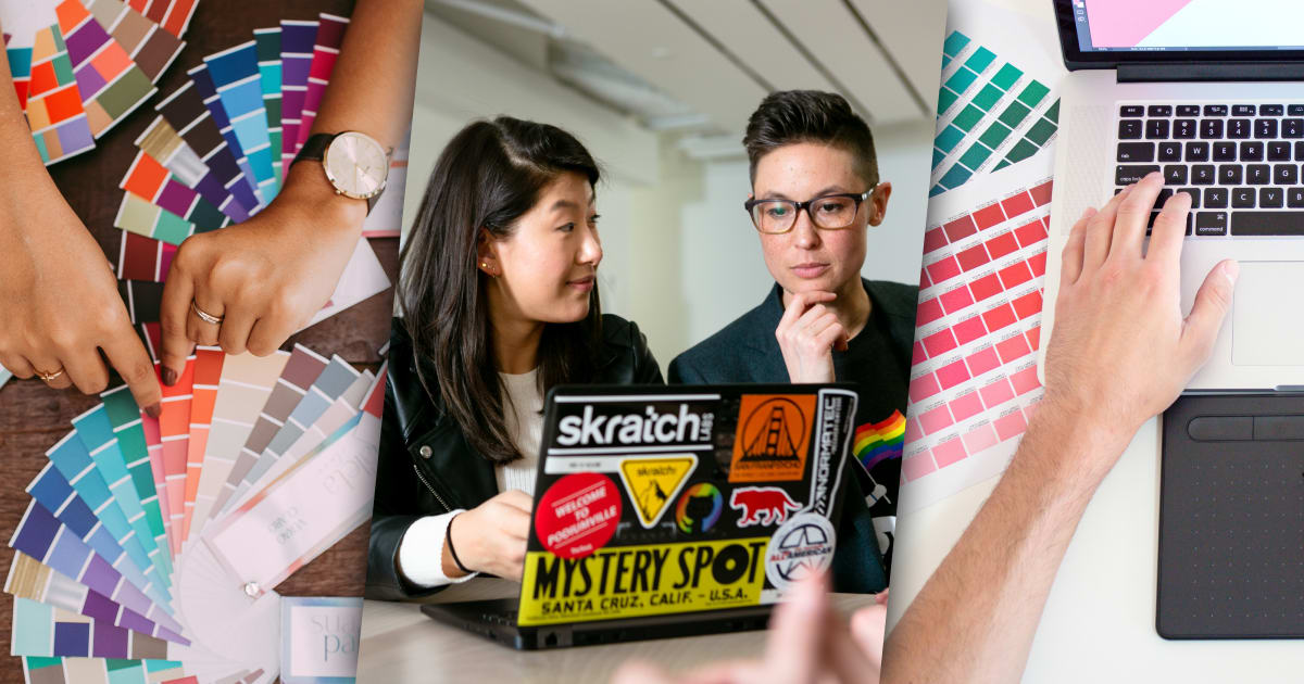 Left image: A hand sorting through color swatches. Middle: two folks sitting at a laptop. The laptop is covered with stickers. Right: A ah hand on a laptop. To the right are color swatches.