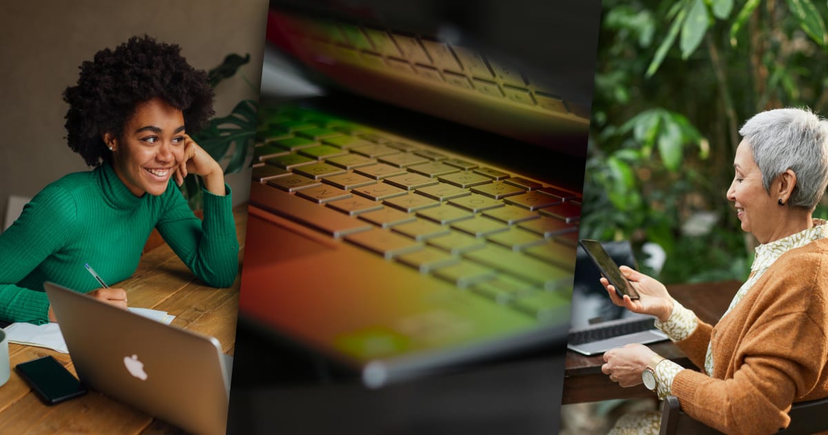 three images in a row. Left: Woman writing at her desk. Middle: Half open laptop. Right: Woman shopping on her cellphone.