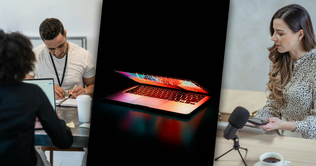 Three images in a row. Left: Man writing on pen and paper at a desk. Middle: Laptop half open. Right: Woman recording herself speaking.
