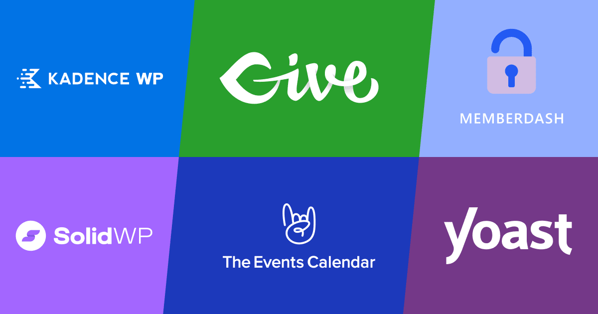 Six logos for WordPress plugins: Kadence WP, GiveWP, MemberDash, SolidWP, The Events Calendar, Yoast