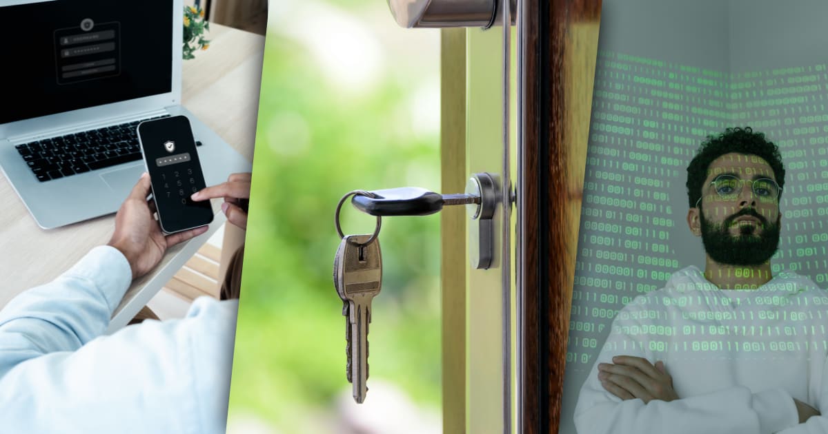 Three images in a row. Left: Person entering their password on a smartphone. Middle: Set of keys in a door. Right: Person standing with arms crossed.