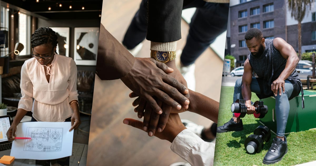 Three images in a row. Left: Woman looking at designs on paper. Middle: Four stacked hands. Right: Man lifting weights outside.