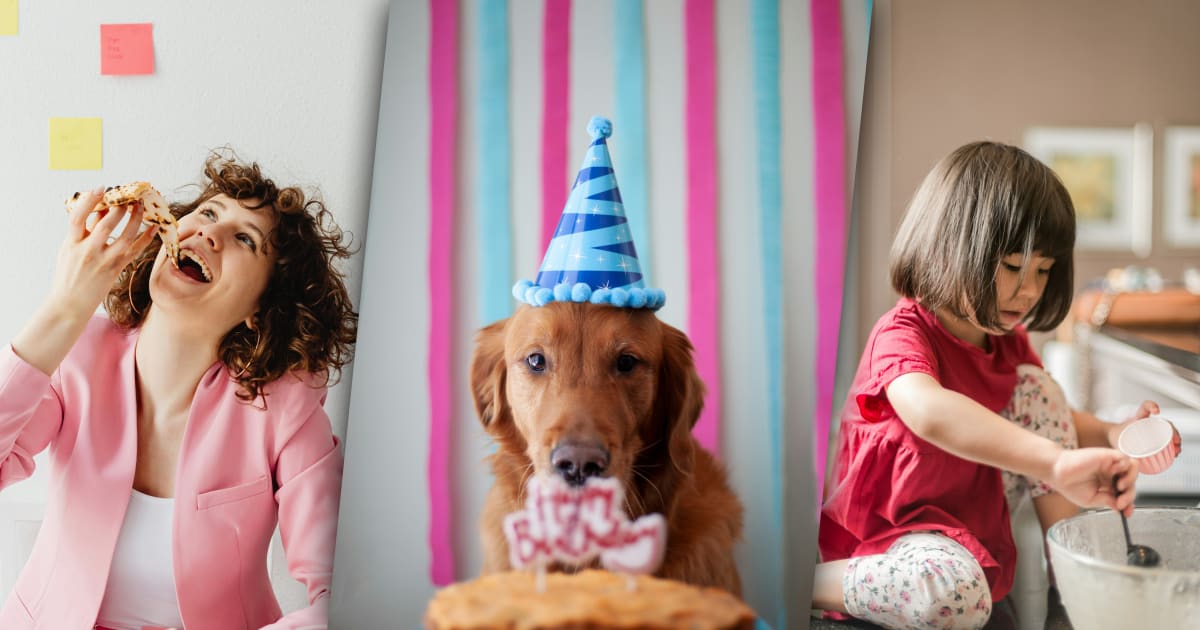 Three images in a row. Left: Woman eating a slice of pizza. Middle: Large dog with a birthday hat on. Right: Young girl baking a cupcake.