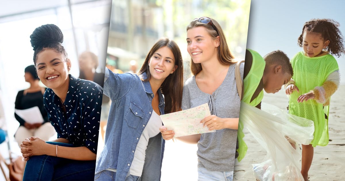 three images in a row. left: woman sitting down in a chair and smiling. middle: a woman giving directions to another woman. right: two children cleaning up litter on a beach.