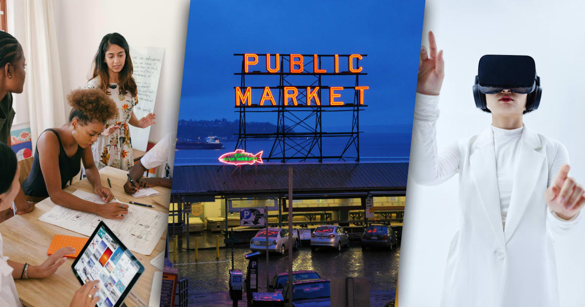 Three images in a row. Left: women working together in an office Middle: Public market with cars on street Right: Person using 3D camera