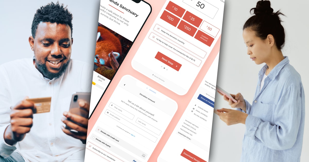 Three images in a row. Left: man using a smartphone to donate online Middle: mobile Donation form examples right: woman using a smartphone