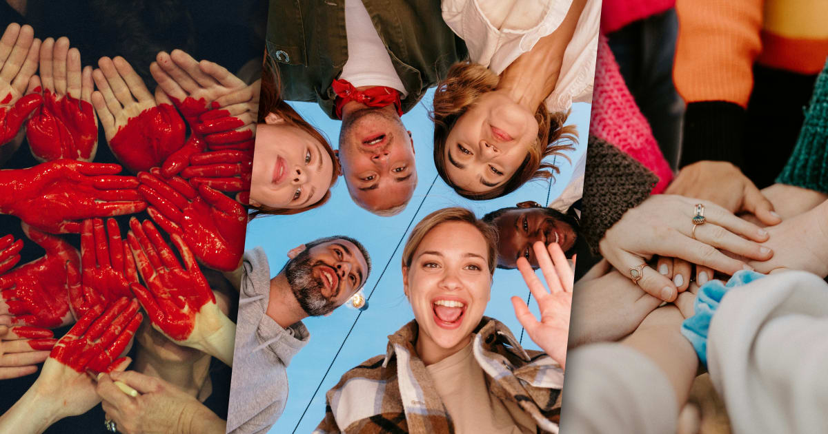 Left: Hands of different people in a circle - a heart is painted on the palms. Center: A group of people looking down in a circle. One girl is waving. Right: Hands on top of one another signaling collaboration.