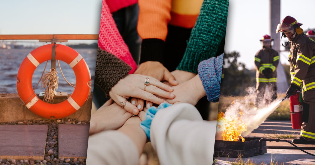 On the left, a life buoy hanging. Center: A group of folks with their hands in the center of a circle, implying they are working together. RightL A fireman putting out a fire.