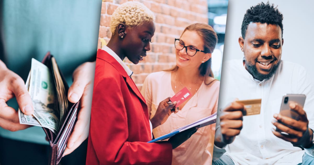 Left: A person counting cash, up close on the wallet. Center: Two folks looking at a tablet. The woman in the forefront is wearing a red blazer and holding a debit or credit card. Right: A person looking at their card and their phone, inputting credit card information