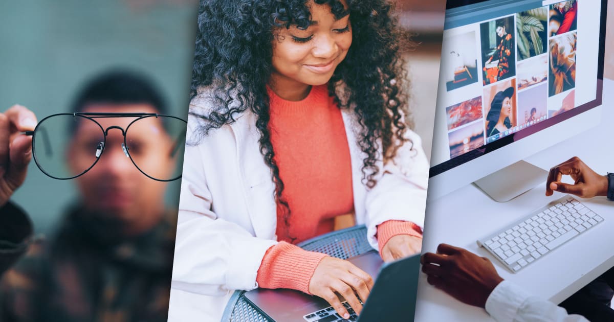 Left: A blurry image of a man putting his glasses up to the camera. Center: A woman smiling while working on her laptop. Right: Hands poised near a keyboard with a computer screen displaying various photos