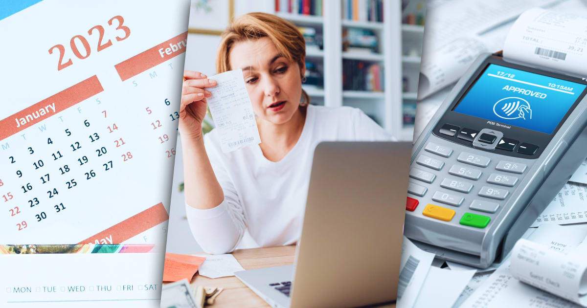 Images that depict annual receipts: calendar, a person holding a receipt and looking at their laptop, and a credit card machine.