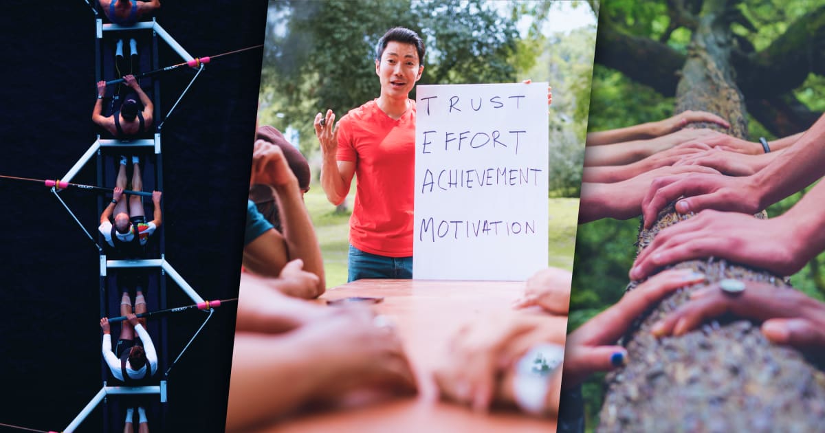 Left: an image of rowers working in tandem. Center: a person holding a sign that says: trust, effort, achievement, motivation. Right: hands of various tones moving a log.