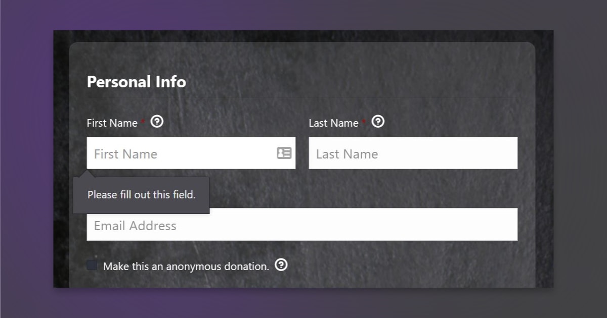 Each field on this donation form is labeled with prompts like "first name."