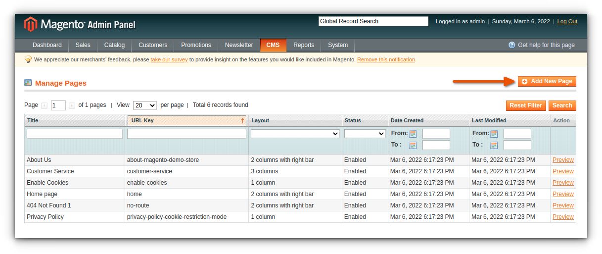 Under Manage pages, select Add New Page. This option is the orange button in the top-right part of your admin panel.