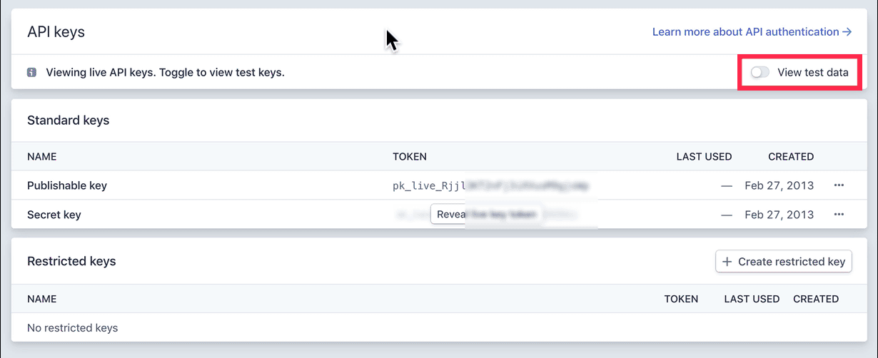 Find Stripe API keys, Test Mode