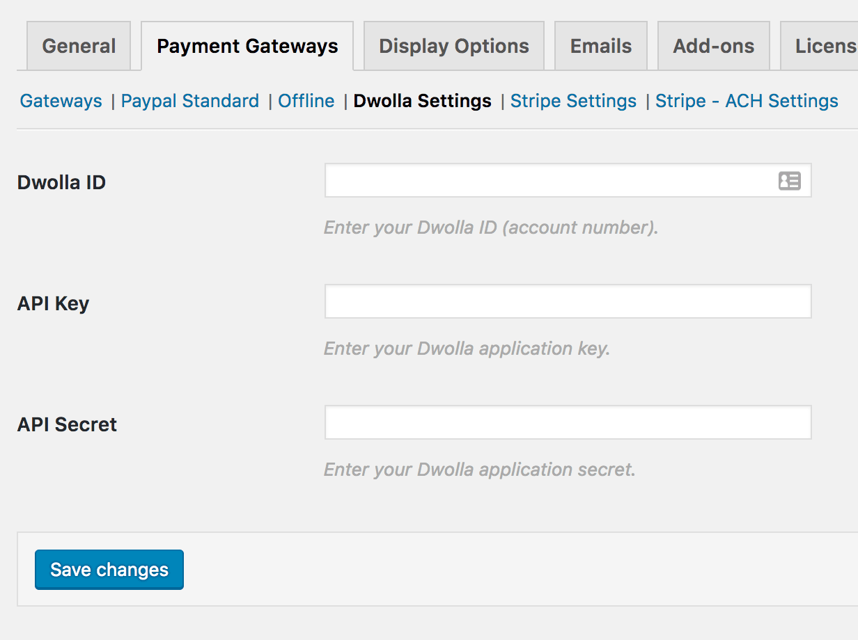 Dwolla Give Settings