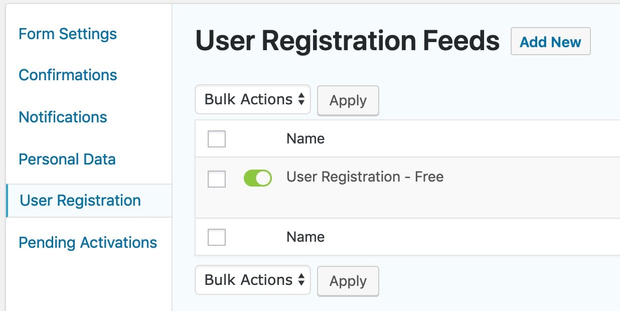 Gravity Forms user registration feed page