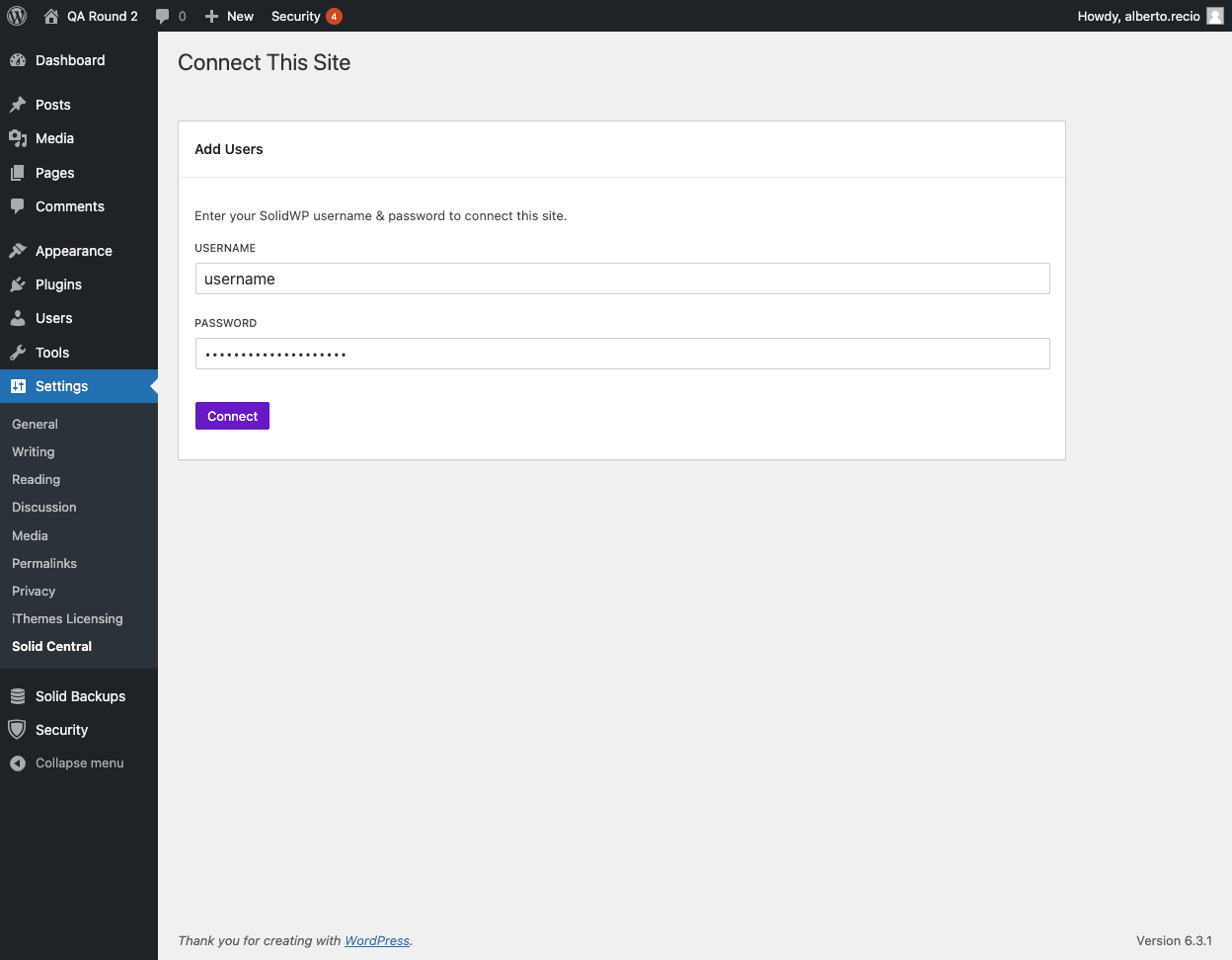 Connect this site to Solid Central screen.