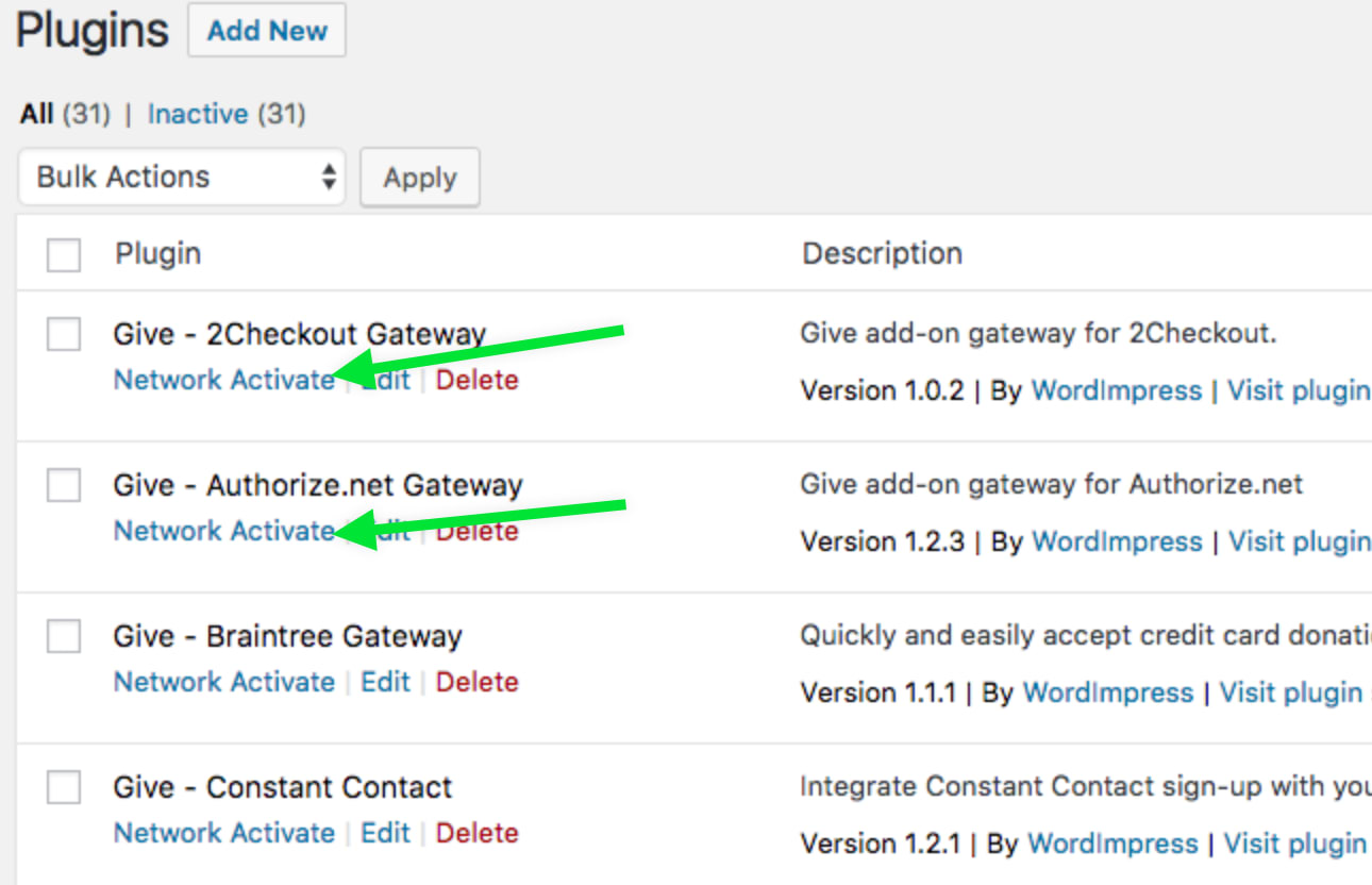Screenshot indicating where to network activate a plugin on a WordPress Multisite install.