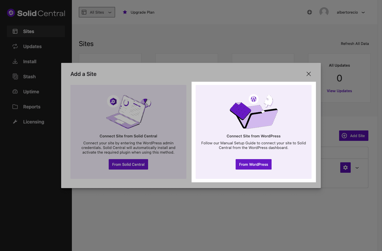 Adding a site to Solid Central by connecting from it to Central.